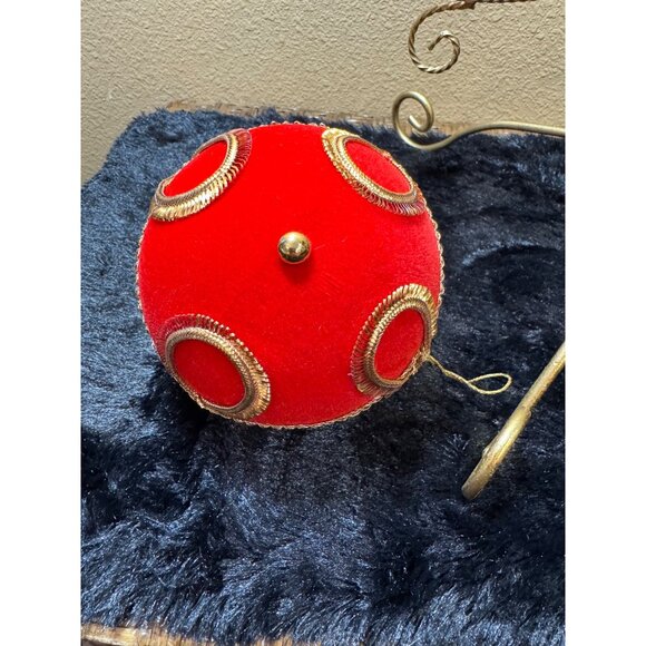 Vintage West Germany Koestel Christmas Ornaments 5 " BALL Red Velvet Gold Set - Picture 7 of 11